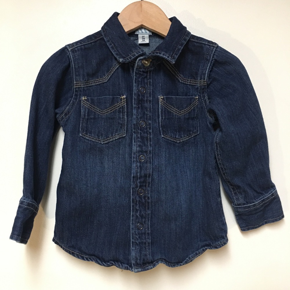 Old Navy Denim Shirt Boys 3T Dark Wash Western Snap Button Long Sleeve Cotton
